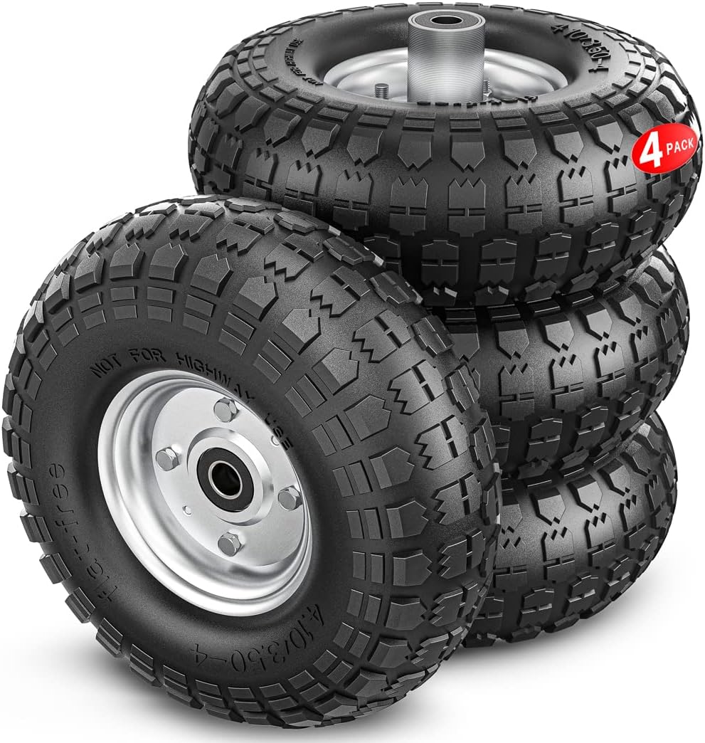 Winisok 4.10/3.50-4 Tire Wheels Flat Free, 10" Heavy Duty Solid Replacement Tire with 5/8&rsquo;&rsquo; Bearings for Wagon/Gorilla Carts/Wheelbarrow/Hand Truck/Generators (4 Pack)