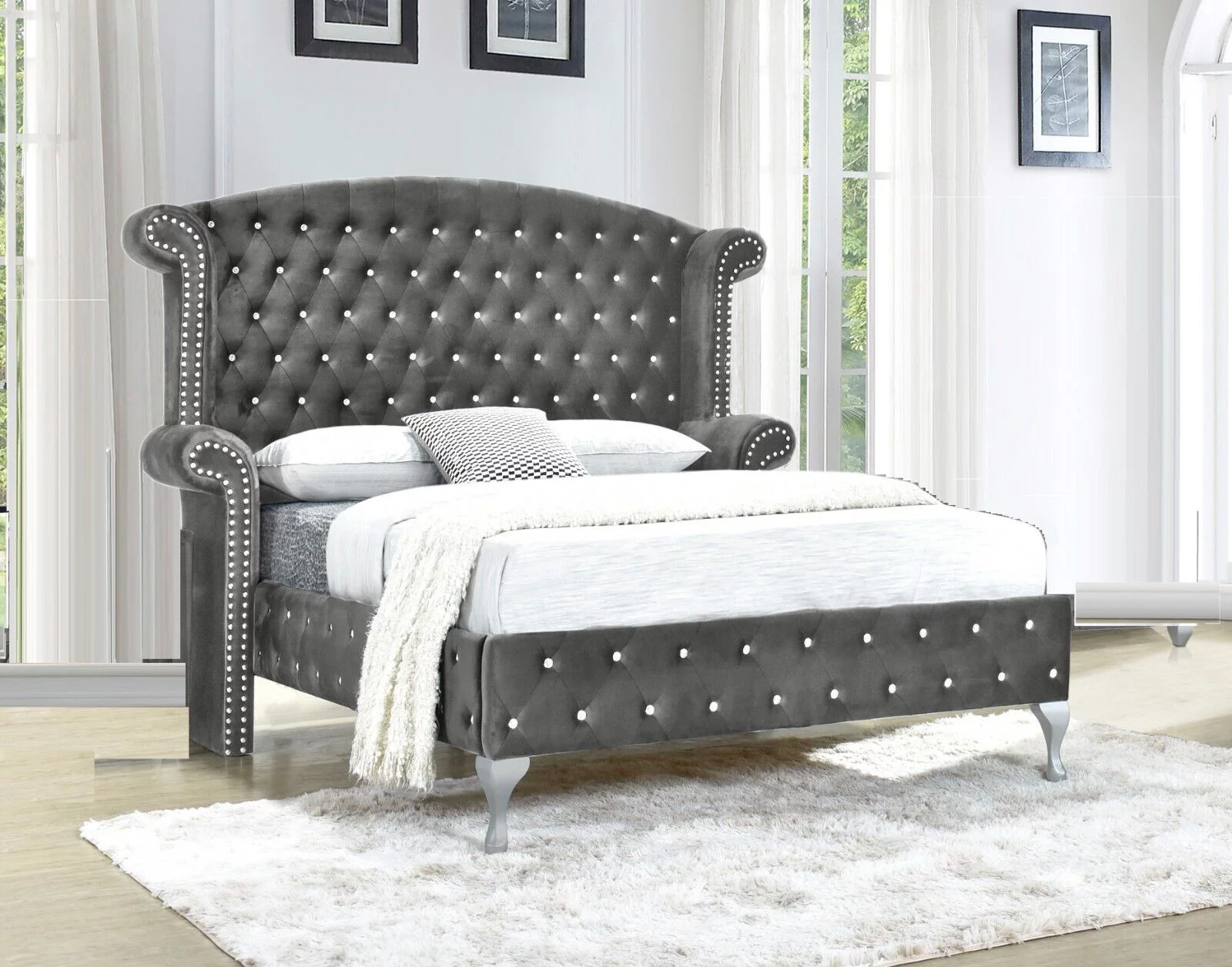 Modern 6Pc Queen Size Bed Dresser Mirror Nightstand Chest Set Master Bedroom Furniture Gray Velvet