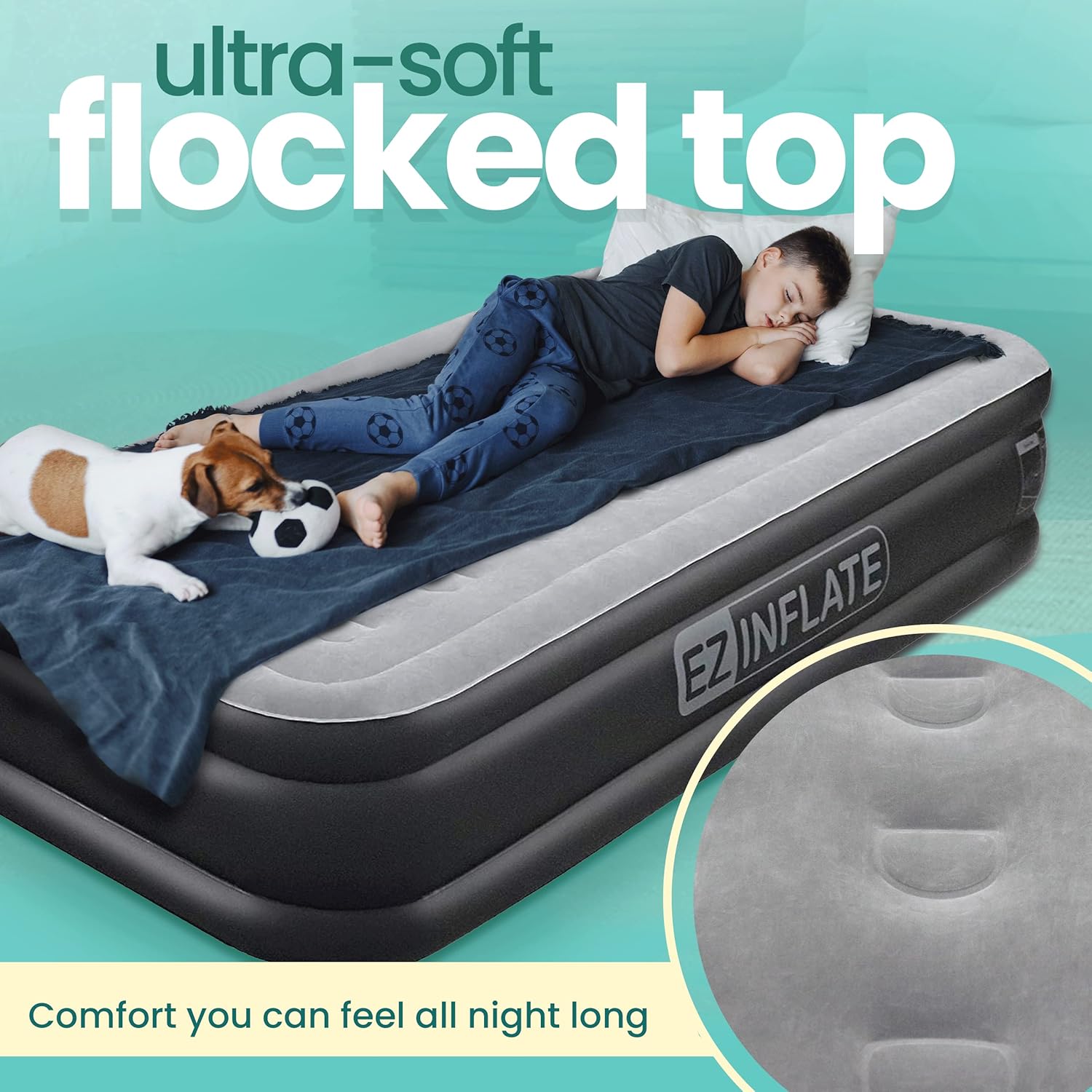 EZ Inflate Air Mattress with Built in Pump - Queen Size Double-High Inflatable Mattress with Flocked Top - Easy Inflate, Waterproof, Portable Blow Up Bed for Camping & Travel