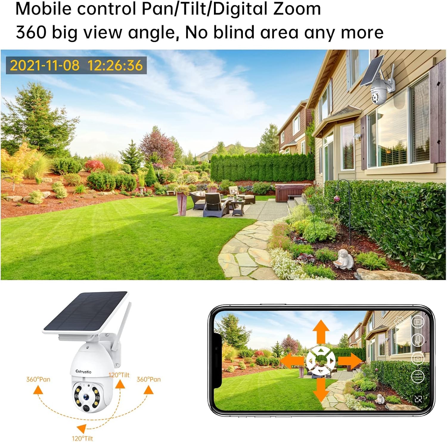 Solar Security Camera Outdoor, Wireless 360° Pan Tilt PIR Motion Detection, Solar Powered Camera 365days Non-Stop, 2-Way Talk, Spotlight Color Night Vision IP66 Waterproof 2.4G WiFi for Home Security