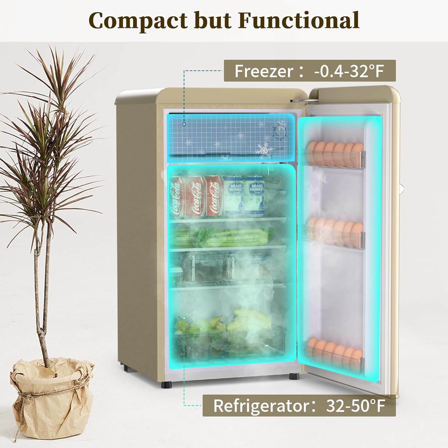 Mini Fridge for Bedroom Retro Style, 3.0 Cu.Ft Mini Fridge with Freezer, Compact Fridge for Bedroom with Adjustable Shelves&Egg Tray for Dorm, Kitchen, Bedroom, Living Room, Office(Gold)