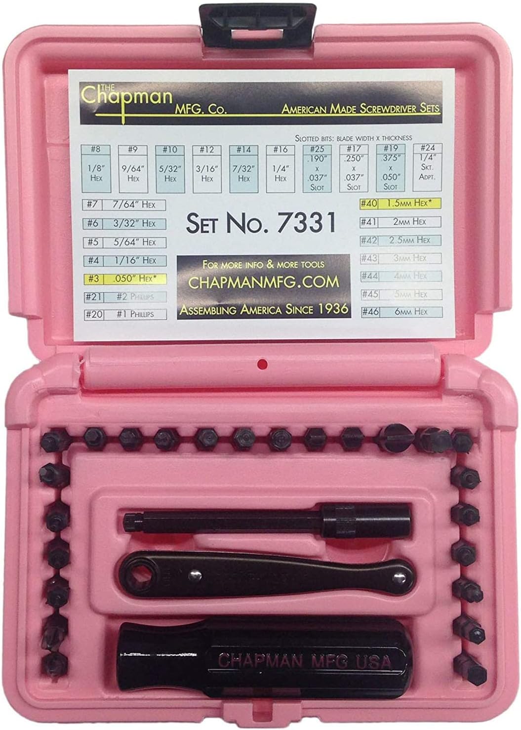 Chapman MFG 7331 All-Purpose Standard Screwdriver Set - Includes Phillips, SAE Allen Hex & Slotted/Flathead Bits, Complete Set Offers 24 USA Made Insert Bits + Mini Ratchet Hand Tool (Desert Tan Case)