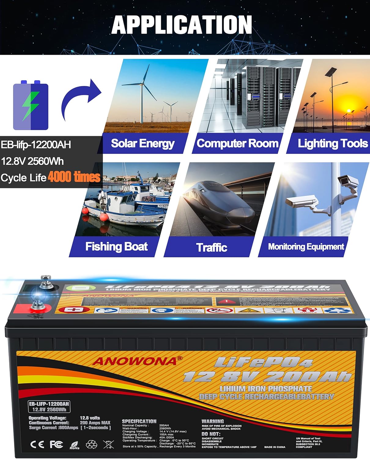 12.8V 200Ah Lithium Iron LiFePO4 Deep Cycle Battery, Built-in 100A BMS, 2000+ Cycles, 280amp Max, Perfect for RV, Solar, Marine, Overland, Off-Grid Application (12.8V200AH)