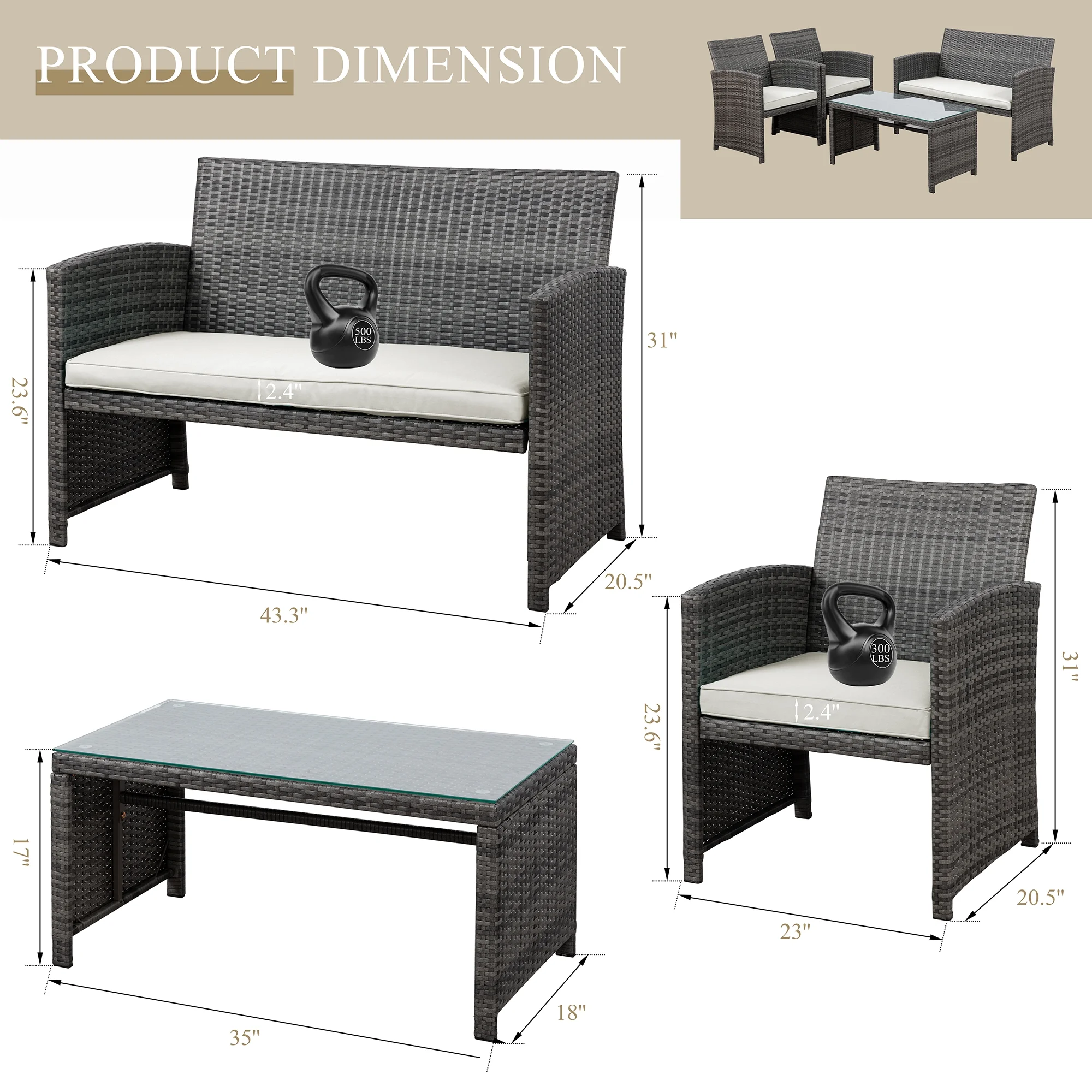 Walsunny 4 Piece Patio Ratten Set Outdoor Furniture Set Wicker Conversation Set with Cushions and Tempered Glass Tabletop