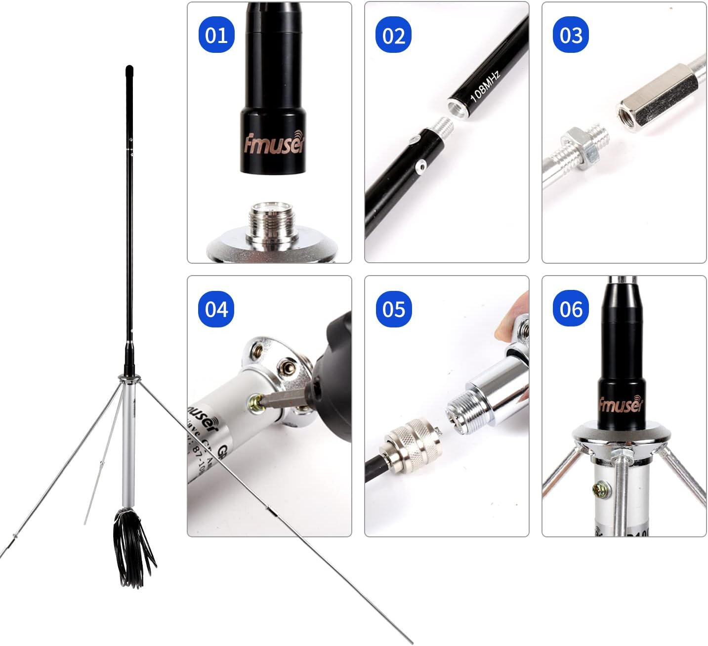 FMUSER FM Transmitter Antenna Outdoor, 1/4 Wave Professional GP Antenna for 87-108mhz 0.5w-100w FM Broadcast Transmitter, Waterproof FM Antenna with 8M TNC/BNC Cable