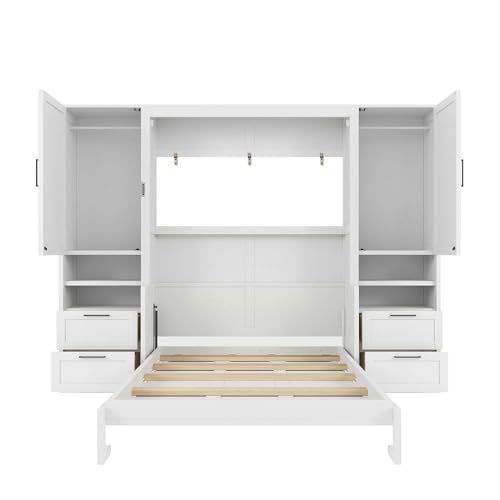 KLMM Wooden Murphy Bed Wall Bed with 2 Wardrobe and Storage Shelf,Foldable Platform Bedframe for Guest-Room Bedroom Study Office Use (White#E, Full)