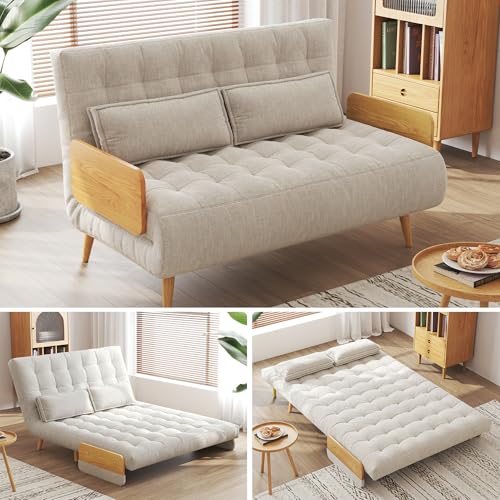 3-in-1 Convertible Chair Bed Sleeper for Adults, Linen Convertable Sleeper Chair with Wooden Arms & Pillows, Foldable Single Futon Sofa Bed (Mid Century with Walnut Arm, 36.6" Wide)