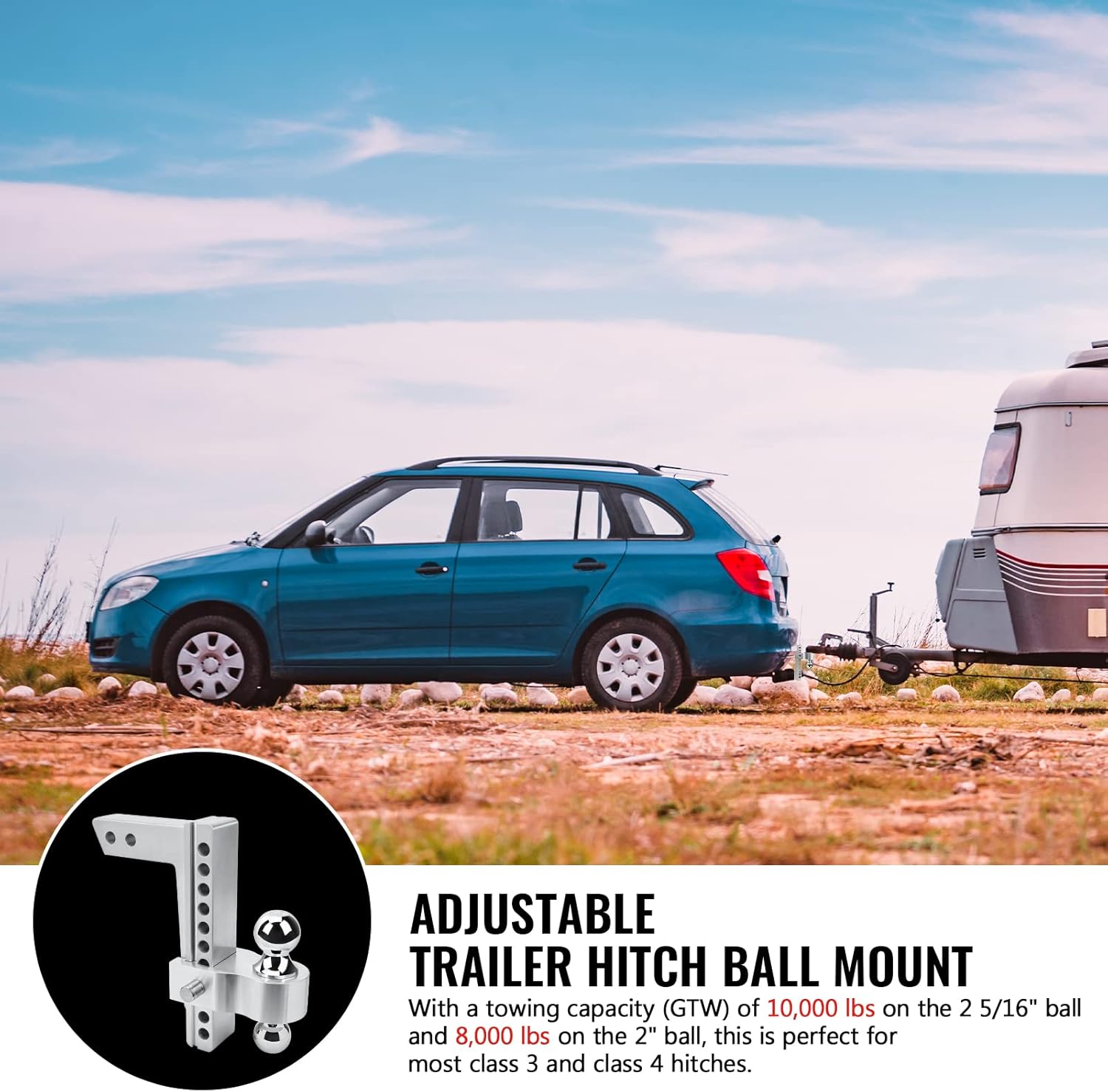 PLIOSAUR Adjustable Trailer Hitch Ball Mount, 2-Inch Receiver, 6-Inch Drop, 6-Inch Rise, 2-Inch and 2-5/16-Inch Dual Towing Balls with Double Pin Key Locks