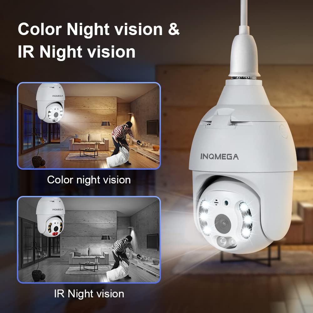INQMEGA 2K 3.0MP Light Bulb Camera with E27 Connector, Wireless PTZ Security Camera Motion Auto Tracking, Two Way Audio, Night Vision, Tuya 360 Degree Panoramic WiFi IP Camera