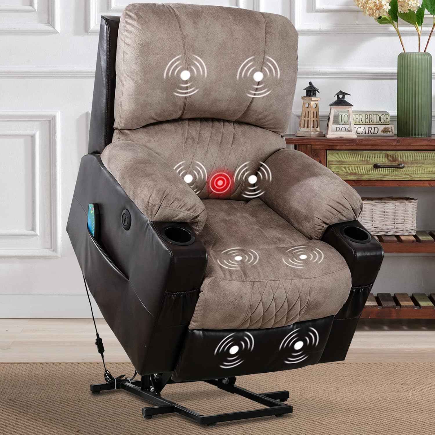 CANMOV Power Lift Recliner Chair with Heated and Vibration Massage for Elderly, Heavy Duty and Safety Motion Reclining Mechanism Electric Recliner Sofa with USB Port, 2 Cup Holders, Grey