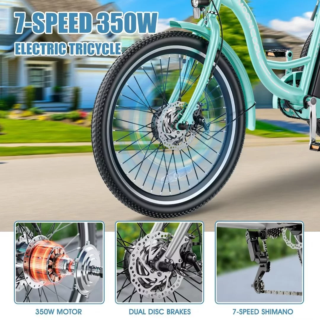Docred 24" Electric Tricycle for Adults & Seniors,7 Speed 3 Wheel E-Bike with Large Basket/Low-Step Through Frame ,350W Motor 36V/10.4AH lithium bettery, 15.5MPH