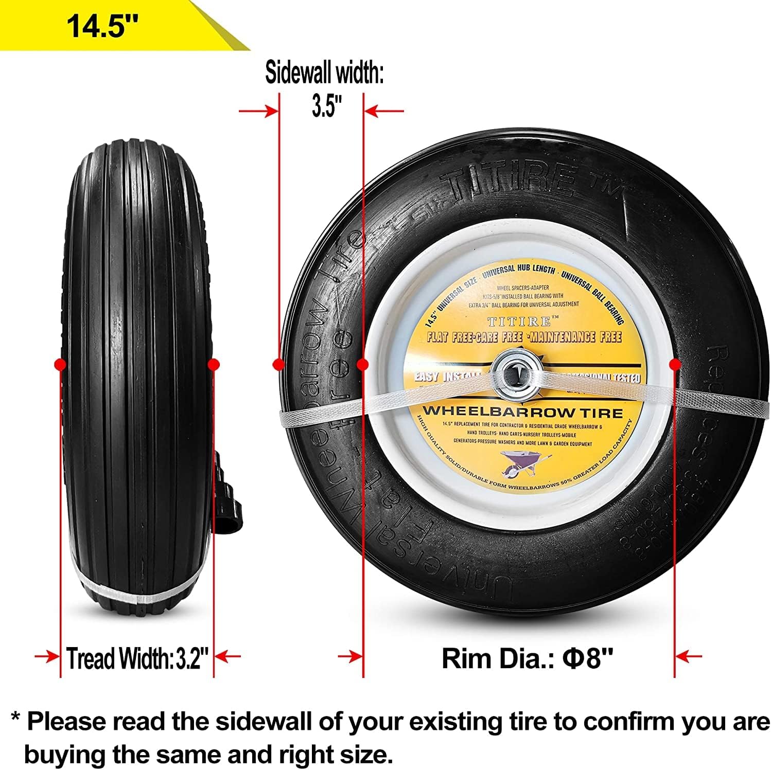 2 New HORSESHOE Flat Free Ribbed Wheelbarrow Cart Universal Wheels w/Grease Fitting Fits 4.80/4.00-8, 3.50-8, 4.00-6, 4.00-8, Center Hub Length 3"-6" Installed 5/8" Bearing + Extra 3/4" Bearing