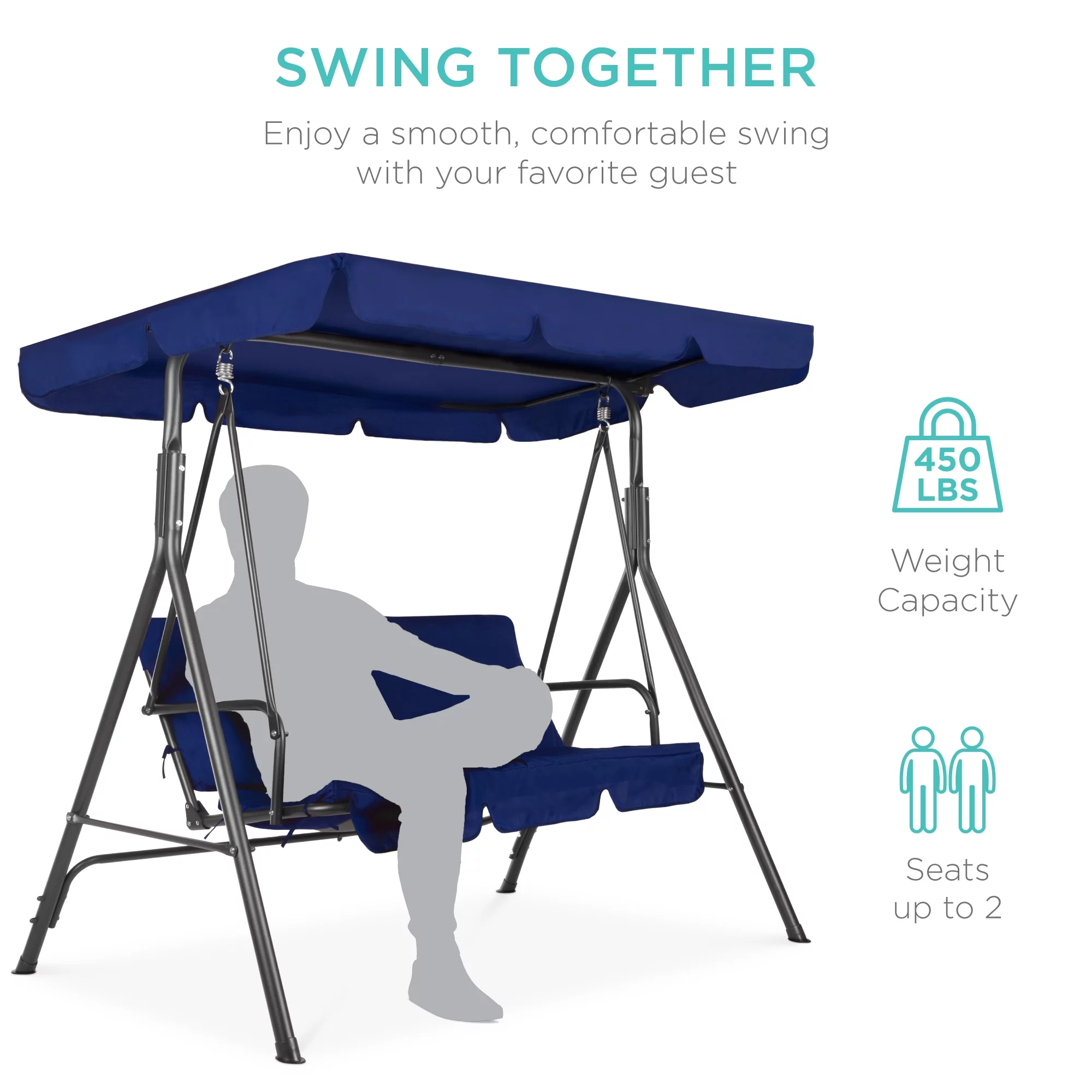 Best Choice Products 2-Person Outdoor Large Convertible Canopy Swing Glider Lounge Chair w/ Removable Cushions - Blue