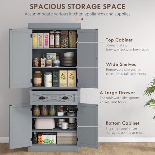 HOMCOM 72" Kitchen Pantry Storage Cabinet, Traditional Freestanding Cupboard with 4 Doors and 3 Adjustable Shelves, Large Central Drawer, X-Frame, White
