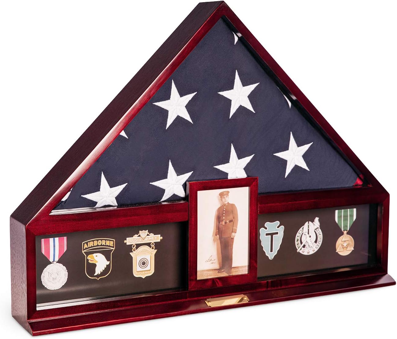Bey-Berk Custom Personalized American Flag Display Case for 5' x 9.5' Burial Memorial Flag, Military Medal Shadow Box with Glass Front and 4x 6 Picture Frame (Mahogany)