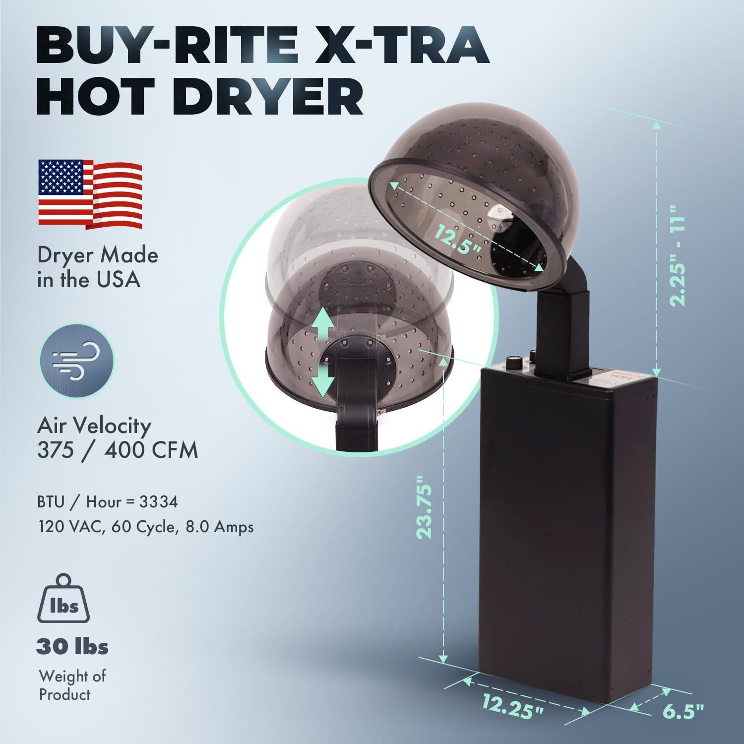 Buy-Rite X-TRA Hot Dryer Professional Hooded Standing Salon Dryer, 980 Watts, Made in The USA, Timer and 4-Setting Temperature Control, Adjustable Extra Large Hood, HL-1500