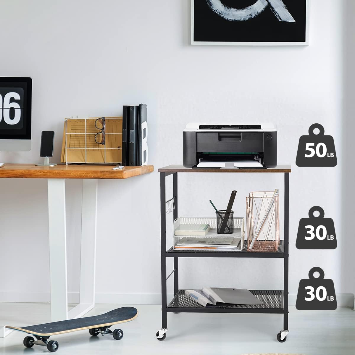 Kitchen Microwave Cart Islands Carts On Wheels 3-Tier Industrial Utility Cart and Rolling Bakers Rack with 10 Hooks and Adjustable Mesh Shelves for Farmhouse, Dining Room, Living Room, Home, Office