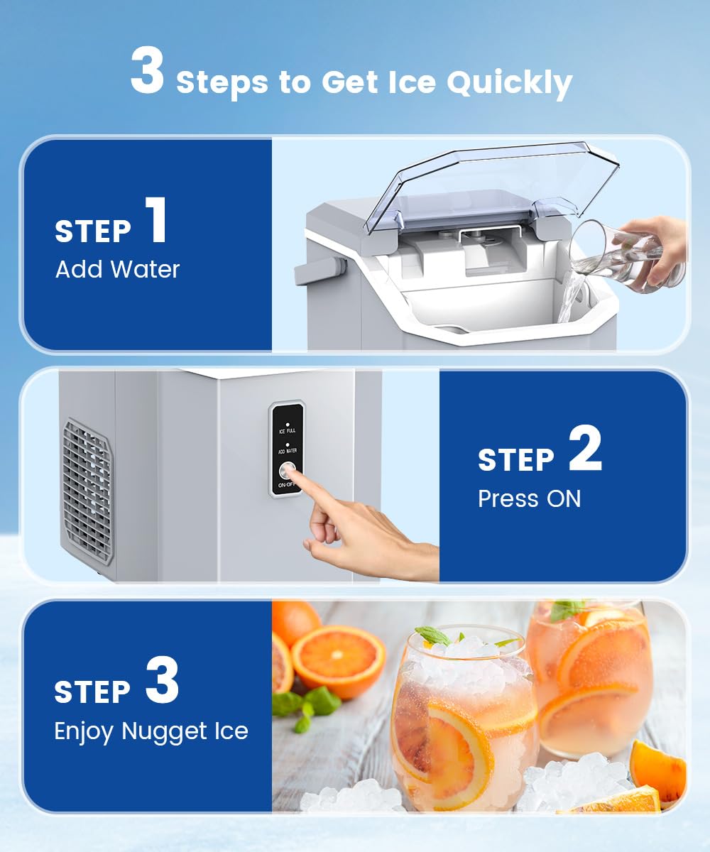 COWSAR Ice Maker, Nugget Ice Maker Machine, Portable Ice Machine with Self-Cleaning, 34Lbs/Day, Ice Makers Countertop with Handle, Ice Scoop and Basket for Home Office Party