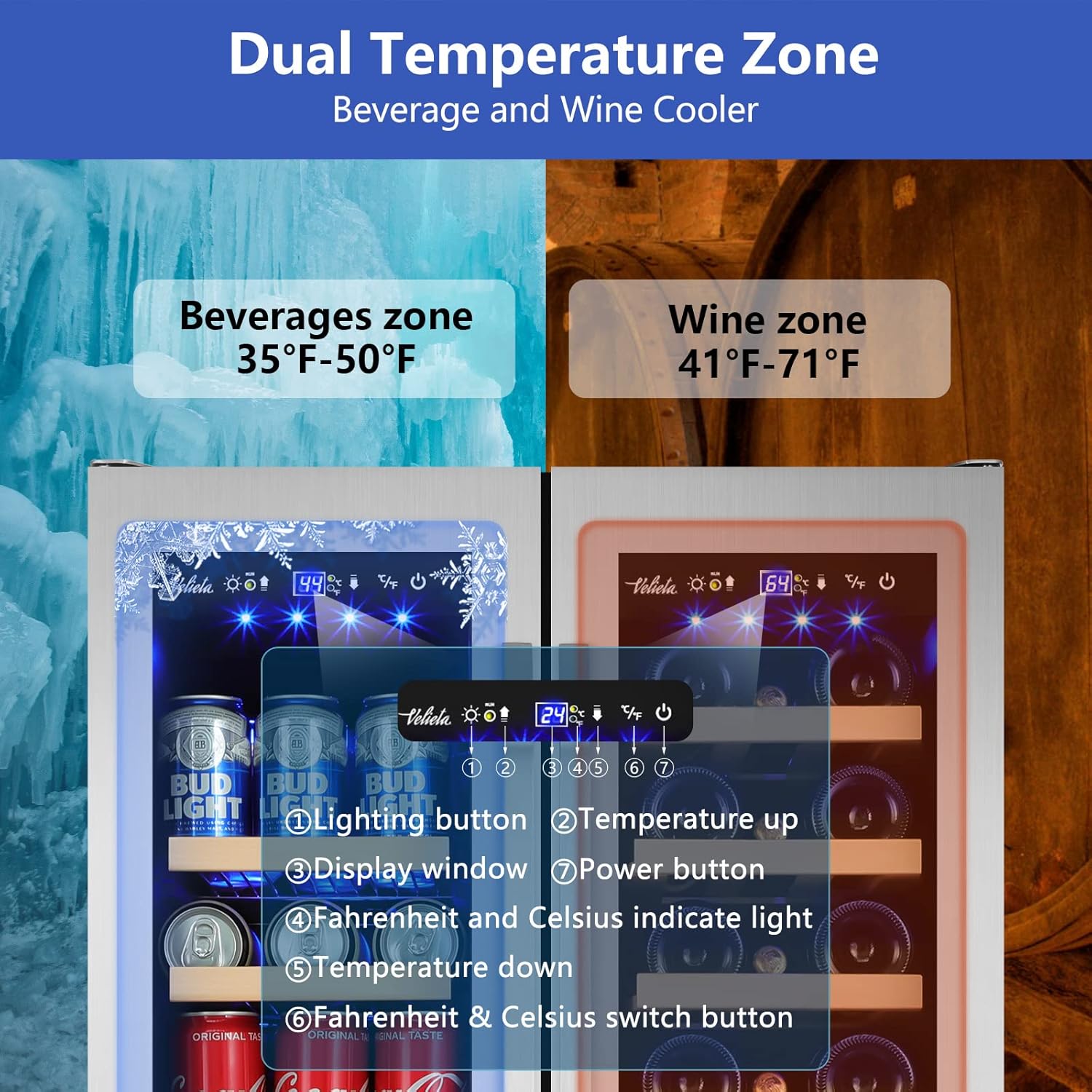 Outdoor Wine and Beverage Refrigerator,24 Inch Dual Zone Wine Beverage Cooler, Built-in/Freestanding Beer and Wine Fridge with a Powerful Compressor, 20 Bottles and 88 Cans Capacity