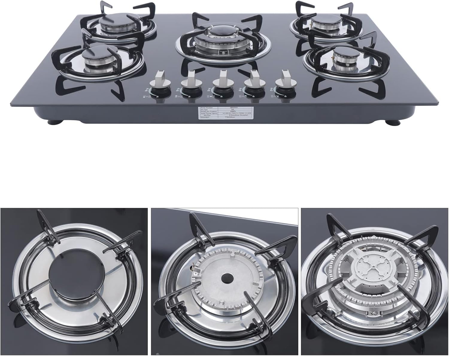 5 Burners Gas Cooktop, 30'' LPG/NG Built-In Stove Top Gas Hob Tempered Glass Stovetop Cooker Gas Stove Top Cooktop Kitchen Cooktop for Apartments, Home, Kitchen, RVS