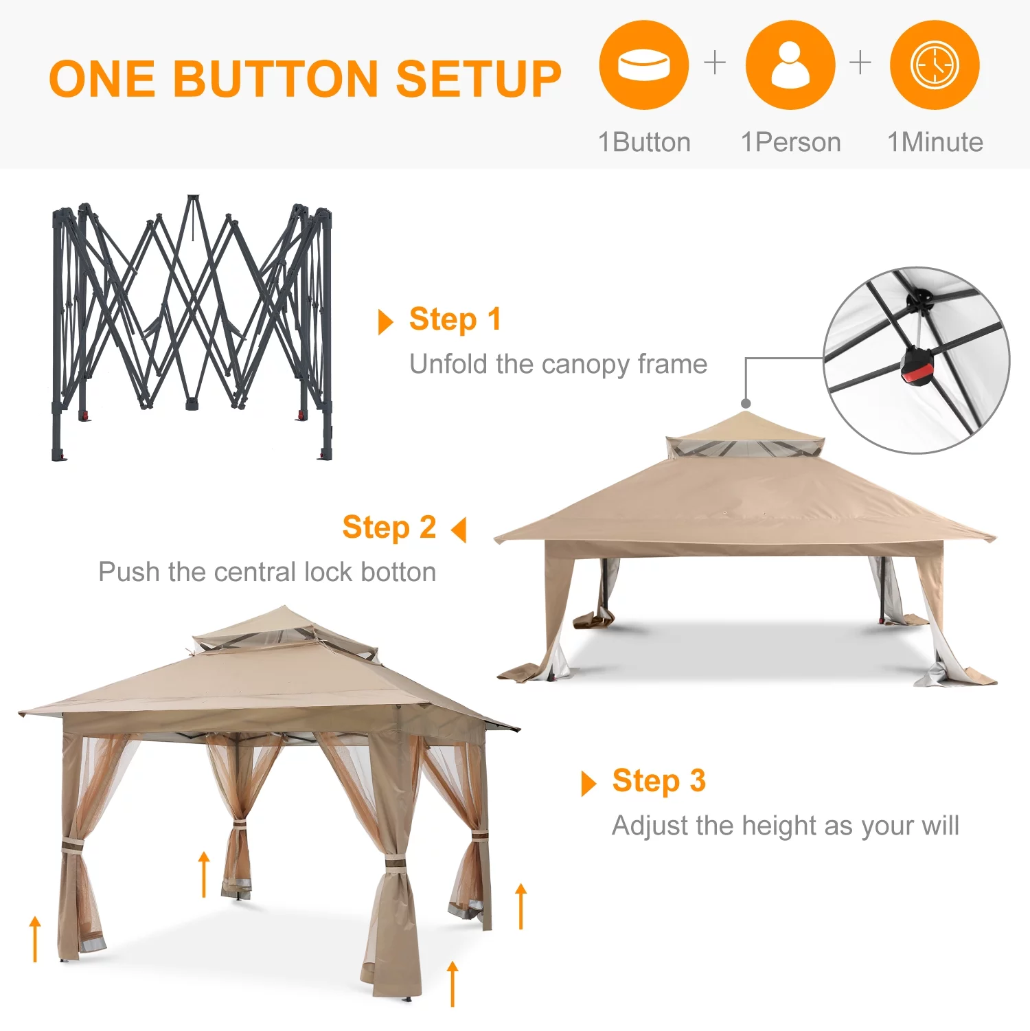 ABCCANOPY 13'x13' Gazebo Tent Outdoor Pop up Gazebo Canopy Shelter with Mosquito Netting, Khaki