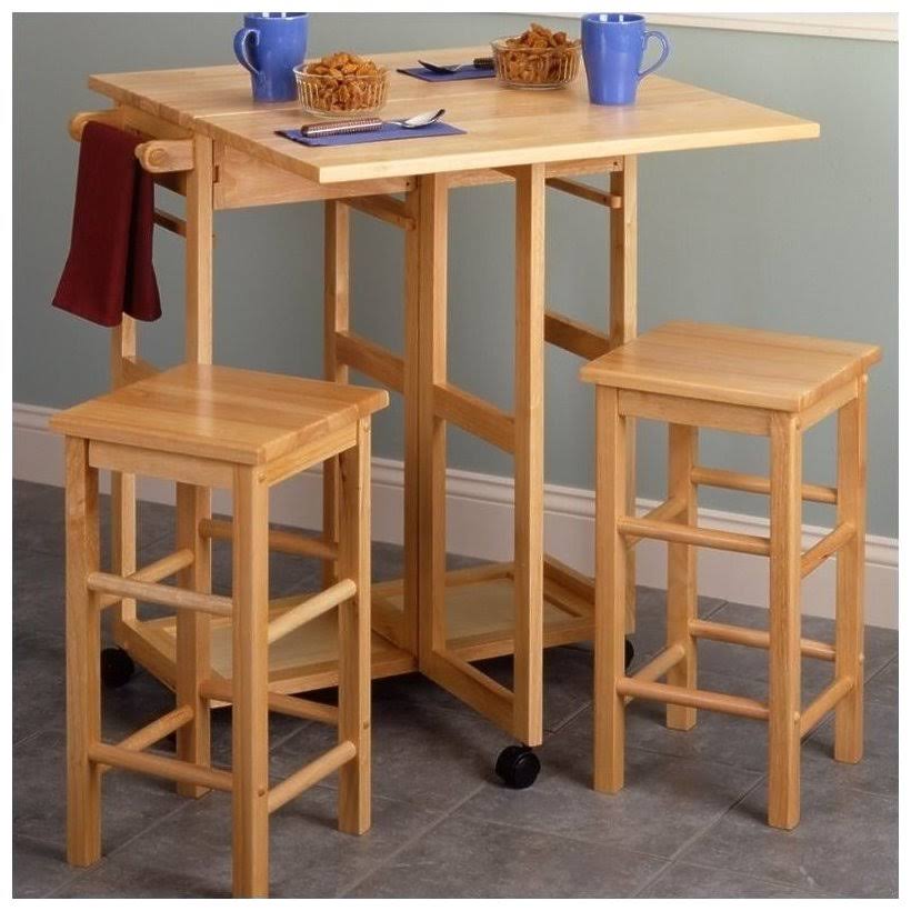 Pemberly Row Drop Leaf Table Kitchen Cart with 2 Stools in Natural