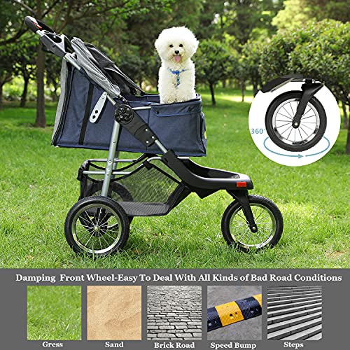 VIAGDO Premium Heavy Duty Dog Stroller for Small Medium Dogs & Cats, 3-Wheel Pet Stroller, Foldable Cat Strollers with Suspension System/Link Brake/One-Hand Fold, Max. Loading 55 LBS Black Red