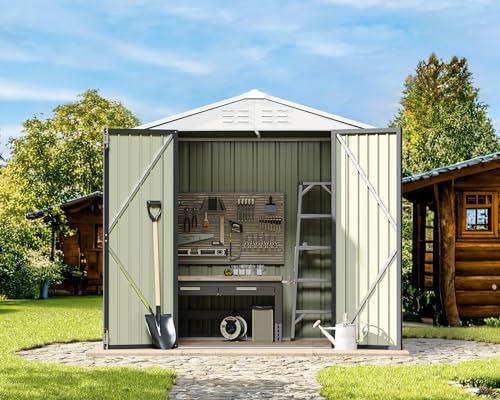 Greesum Outdoor Storage Shed 6 x 8 ft. Utility Tool Shed Metal Storage Garden Shed with Door & Lock for Patio Storage, Brown