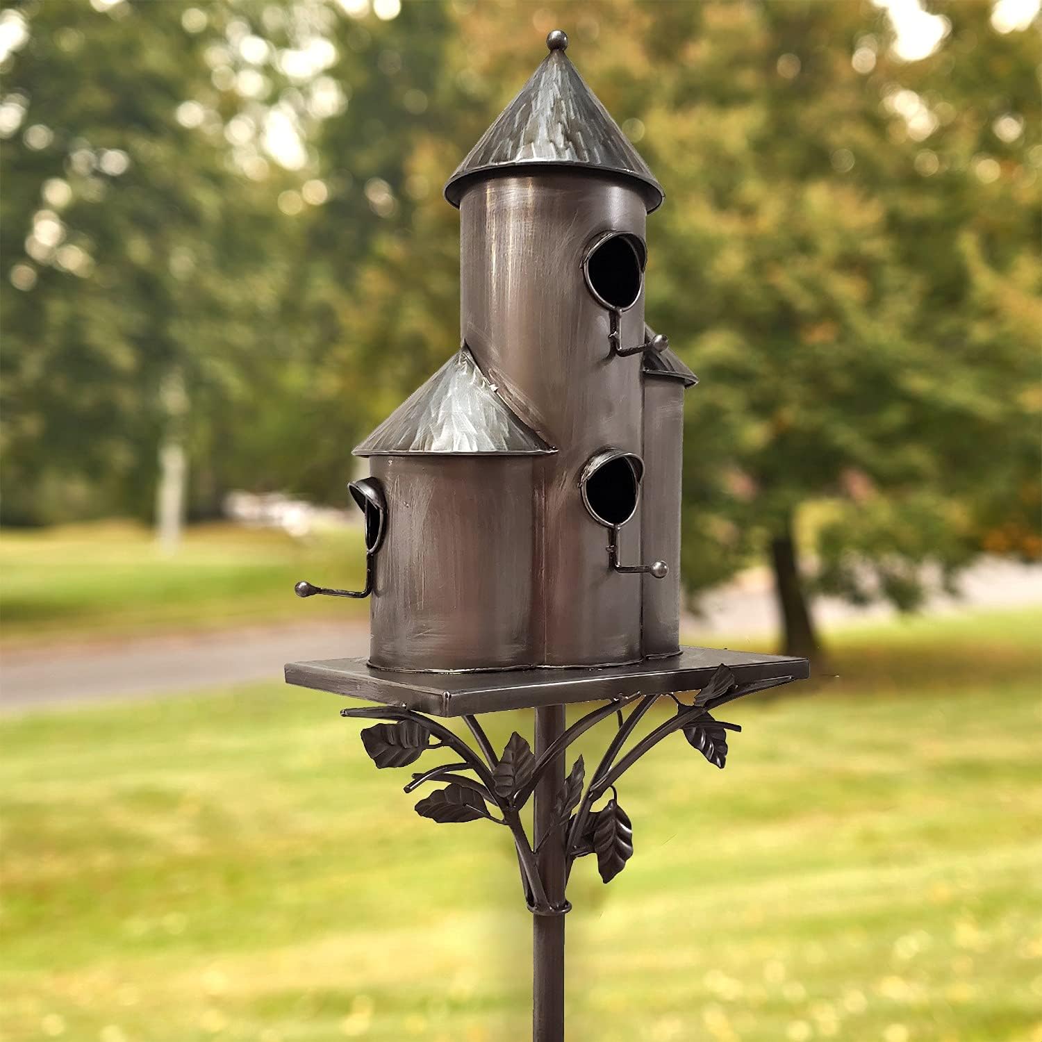 Zaer Ltd. Large Copper Colored Multi-Birdhouse Stakes, Room for 4 Bird Families in Each (Castle Home)