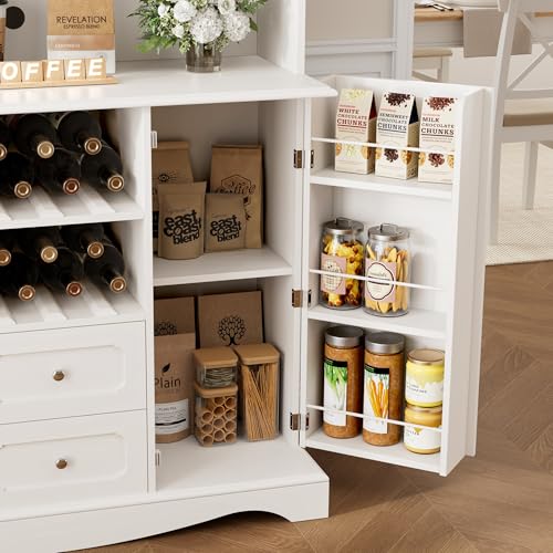 HORSTORS 70" Tall Pantry Cabinet, Kitchen Hutch with Microwave Stand, Modern Kitchen Storage Cabinet with 2 Drawers, Food Pantry with Wine Rack for Dining Room, Living Room, White