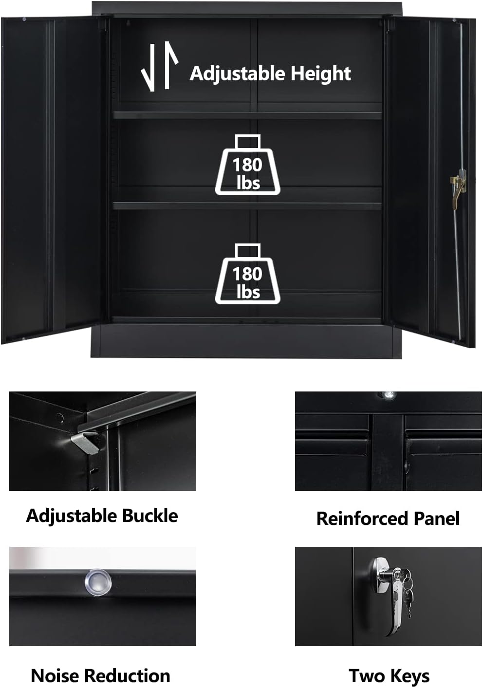 Metal Storage Cabinet with 2 Shelves and 2 Doors, Steel Locking Cabinet for Home Office, Garage, Utility Room and Basement, 36.2 H x 31.5 W x 15.7 D (Black)