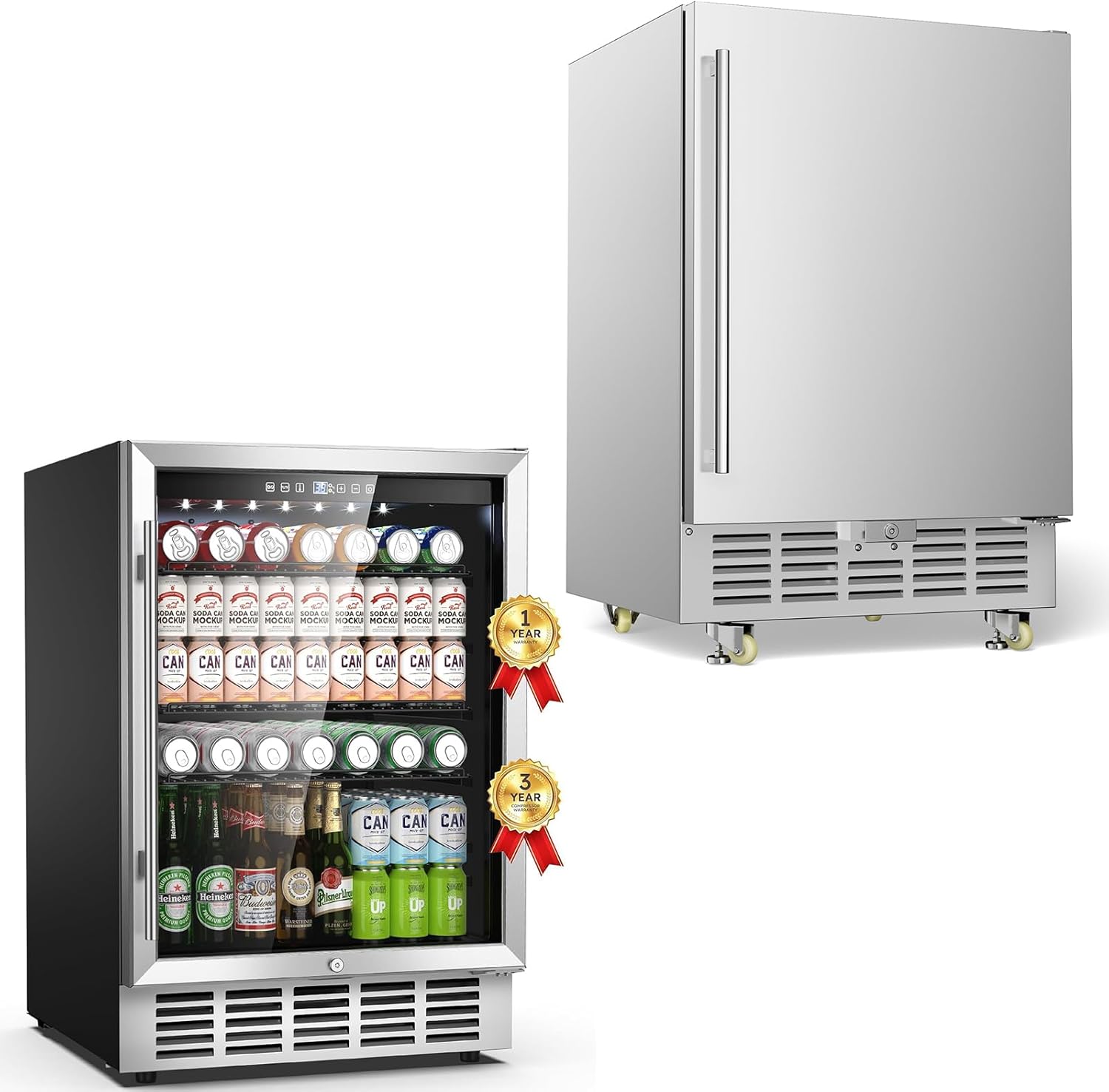 24 Inch Outdoor Beverage Refrigerator, Stainless Steel Outdoor Beverage Fridge for Outdoor Kitchen and Patio, Built-in and Freestanding Beverage Cooler Beer Fridge with Safety Lock/Wheels, 190 Cans