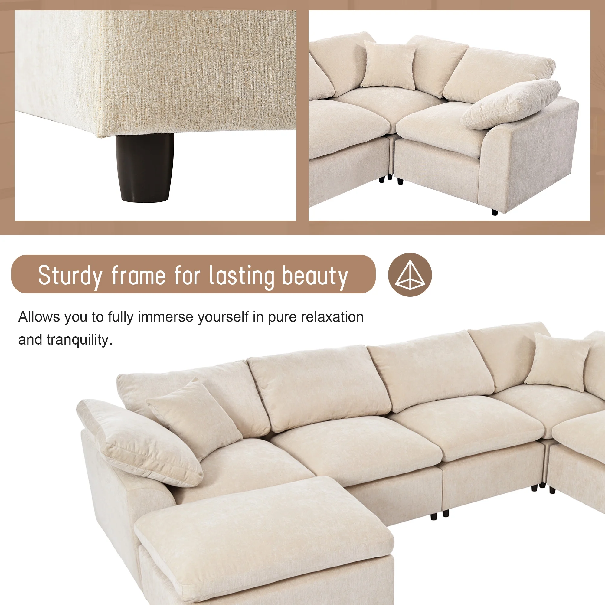 EUROCO 130" 7-Seater Oversized Modular Couches and Sofas Sectional with Ottoman,Sectional Sofa U/L Shaped Chenille Sectional Couch for Living Room, Office, Spacious Space