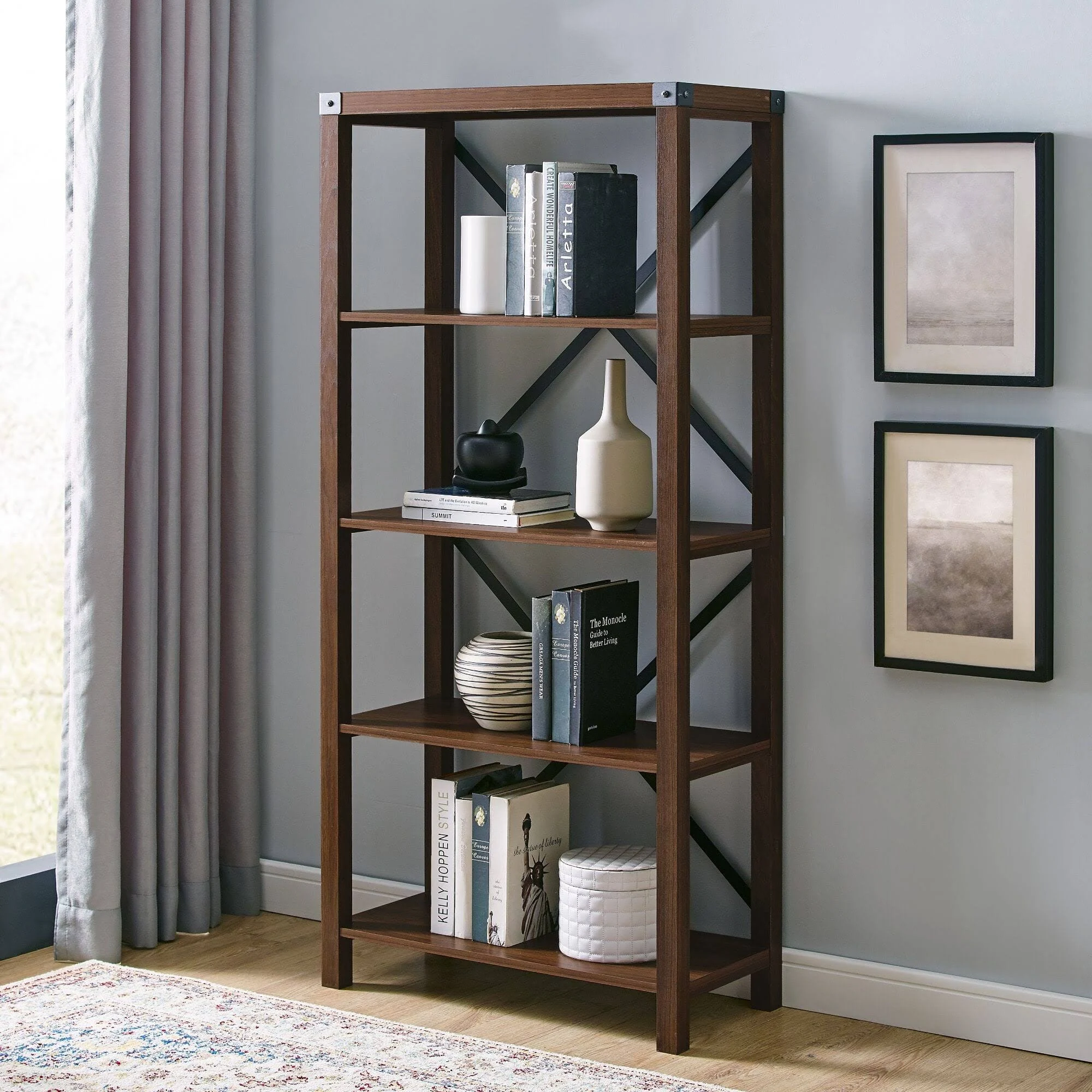 Walker Edison 64x22 Farmhouse Metal Bookcase - Dark Walnut