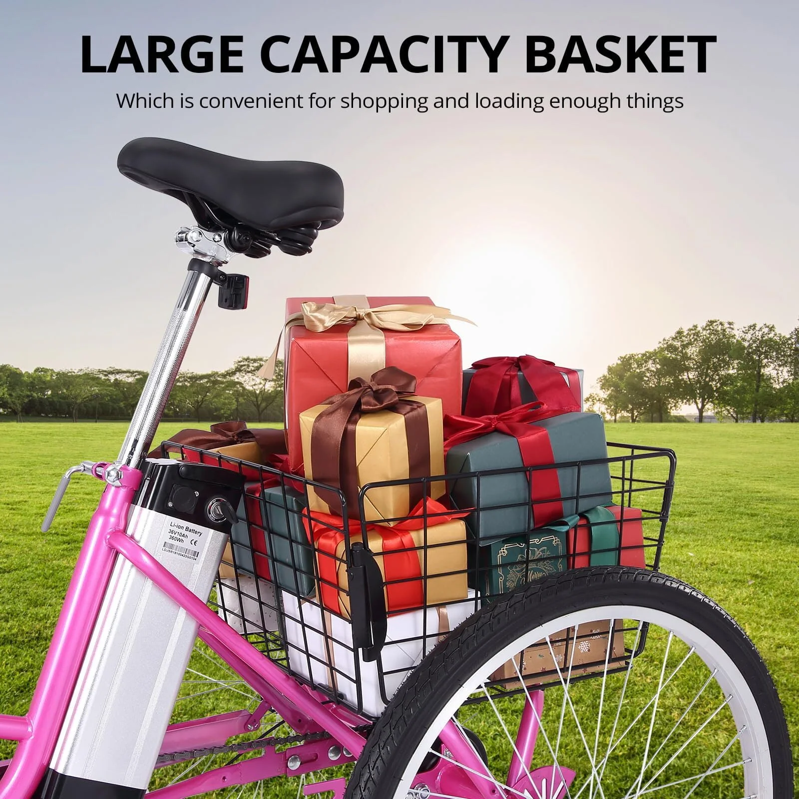 Soonbuy 24 Electric Tricycle, 7 Speeds/36V 10Ah/Large Basket, up to 330lbs , Rose Red