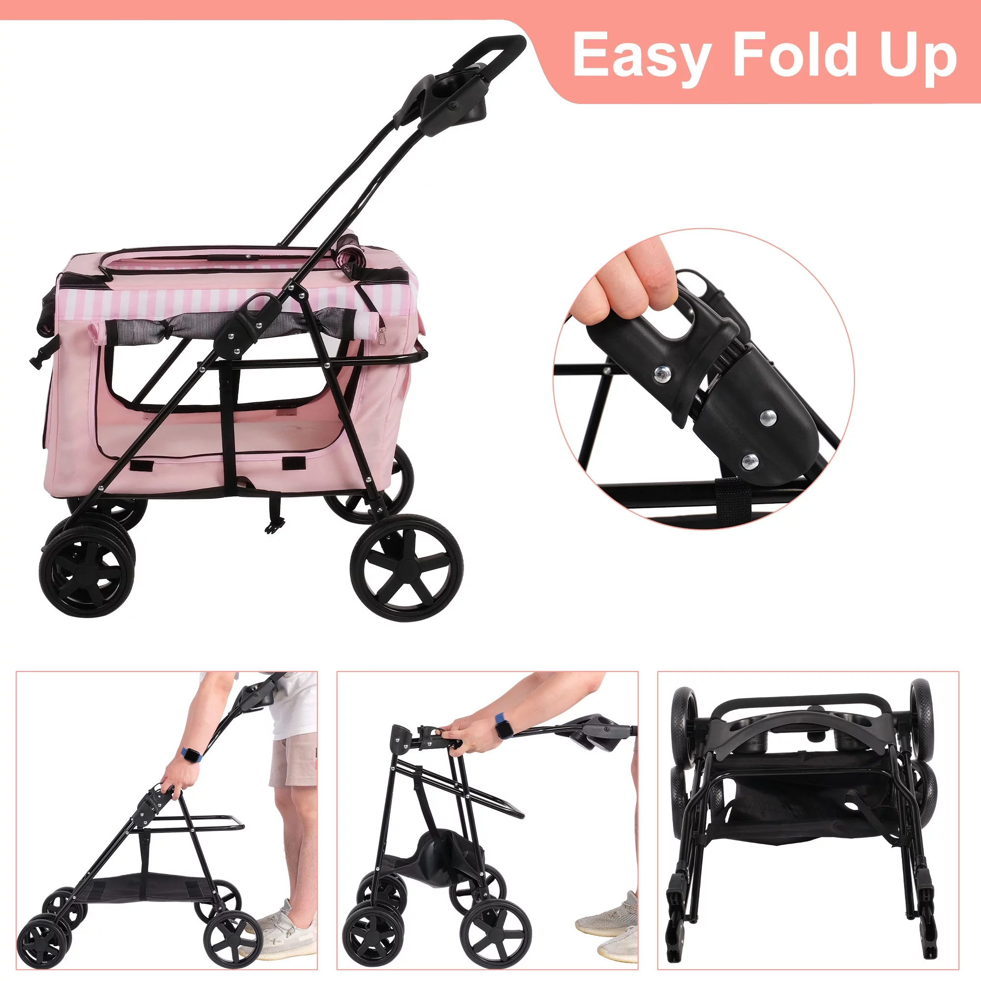 3-in-1 Folding Pet Dog Stroller, 4-Wheel Travel Dog Stroller with Water Cup Holder and Detachable Carrier Bag, Jogger with Pet Cat Kitten Puppy Carriages, Pink - Curated Treasures Market