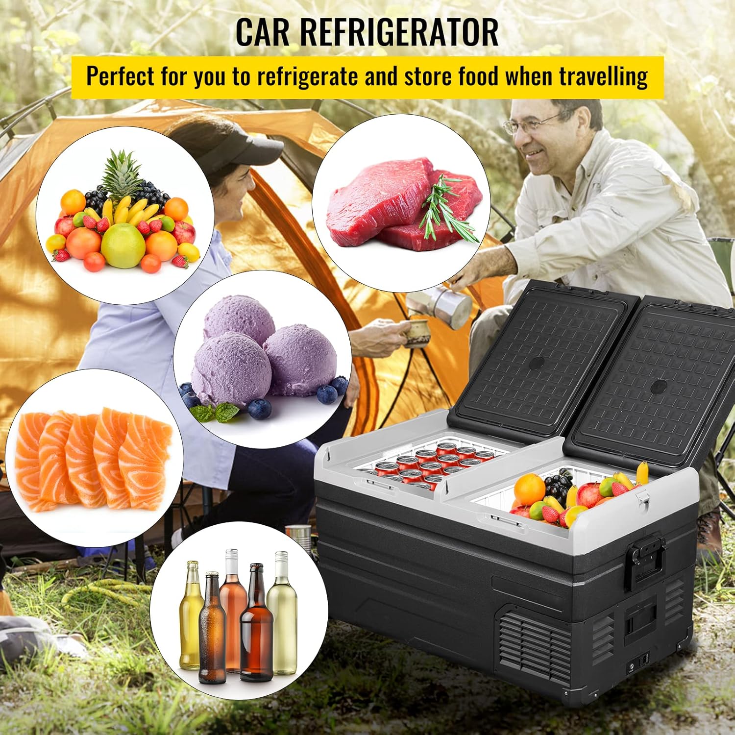 VEVOR 12 Volt Refrigerator 48Qt, Dual Zone Car Fridge Freezer w/App Control & Wheels 12/24V DC & 110-240V AC Electric Compressor Cooler for Truck Vehicle RV Boat Outdoor & Home Use, -4℉-68℉ Black