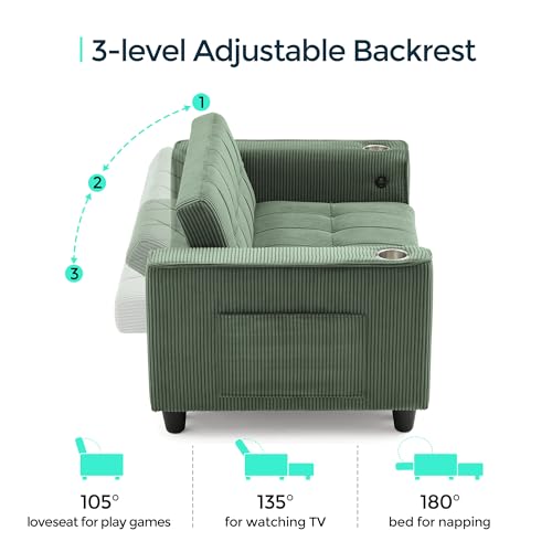 LINSY 3-in-1 Convertible Sofa Bed, 54" Pull Out Sleeper Sofa with Charging Station & Cup Holder, Small Folding Loveseat with Side Pocket for Small Space, Corduroy Couch, Green
