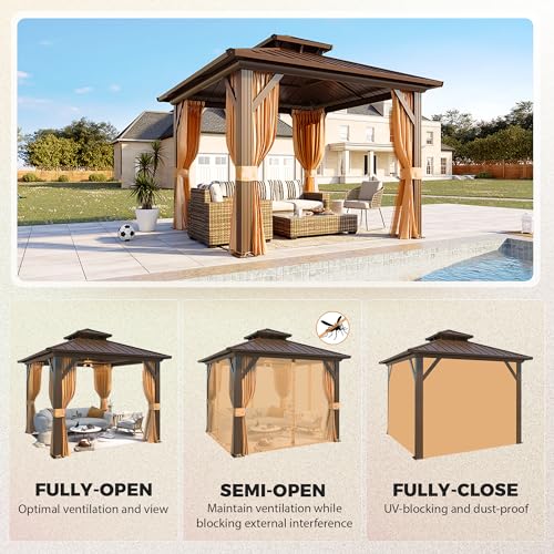 YOLENY 10' x 12' Hardtop Gazebo, Wood-Looking Gazebo with Galvanized Steel Double Roof, Aluminum Frame, Permanent Metal Pavilion with Netting and Curtains for Deck, Backyard, Patio and Lawns