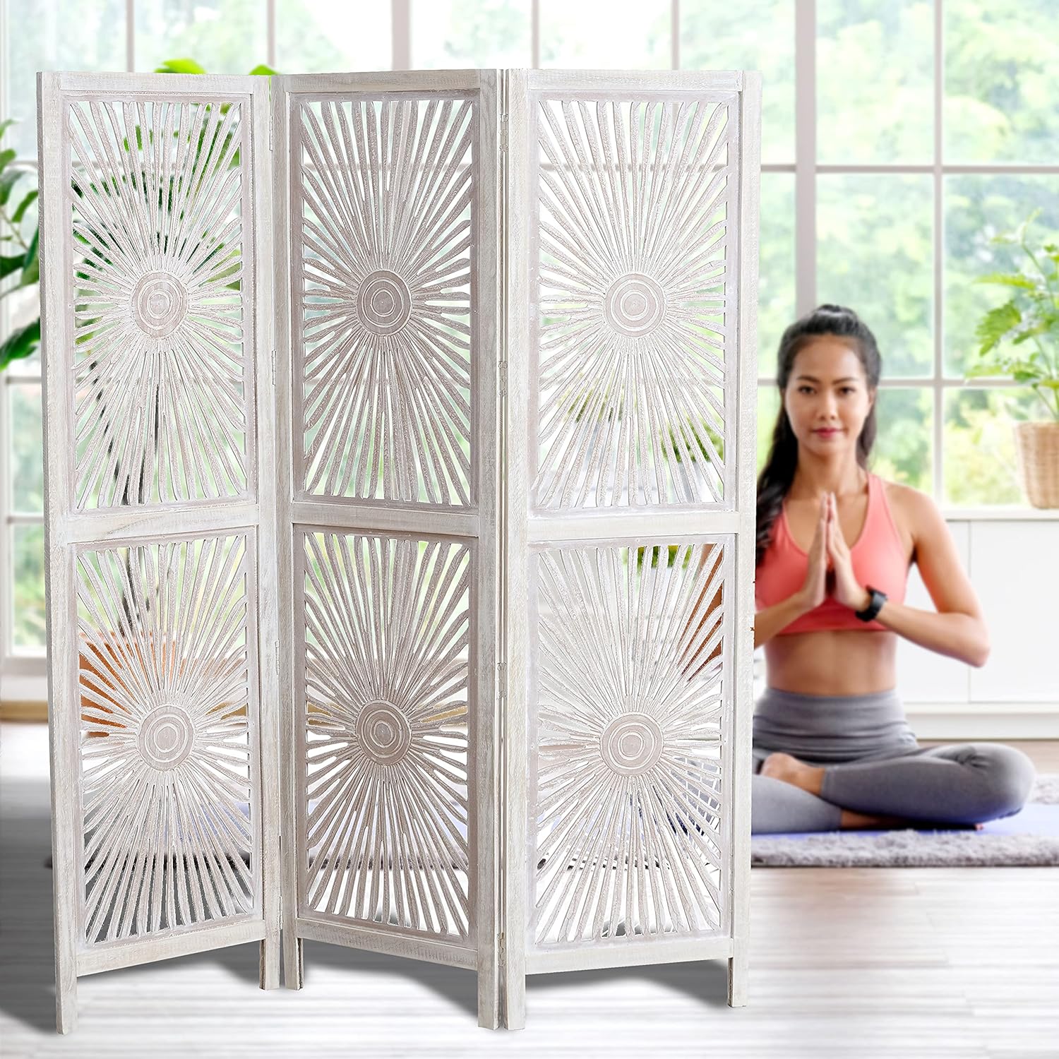 Modernist Sunburst Room Divider, Carved, Abstract Burst Motif, 3 Panel, Vintage Style, Rustic Pale Wood, White Wash Distressed, Mango and MDF Wood, Approx. 6 Ft Tall, 71.75 Inches Tall (182 H cm)