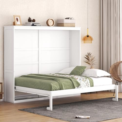 Harper & Bright Designs Queen Size Murphy Bed Wall Bed with Storage Shelves, Wardrobe and LED Lights, Space-Saving for Multipurpose Guest Room or Home Office, Gray