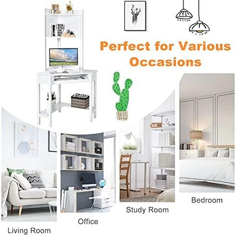HOOMHIBIU Corner Desk with Hutch  Desk with Shelves with Keyboard Tray; Bookshelves for Small Space  Space Saving Corner Writing Desk with  Shelves for Bedroom(White)