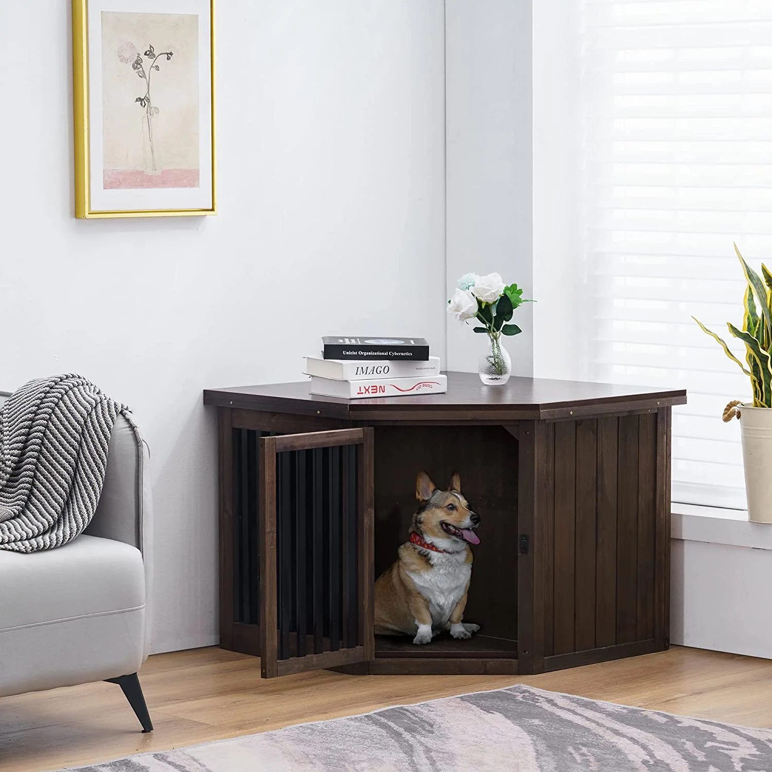 Furniture Corner Dog Crate, End Table Dog Kennel With Door, Wooden Dog House, Pet Crate Indoor Use 1578 (Medium, Brown)