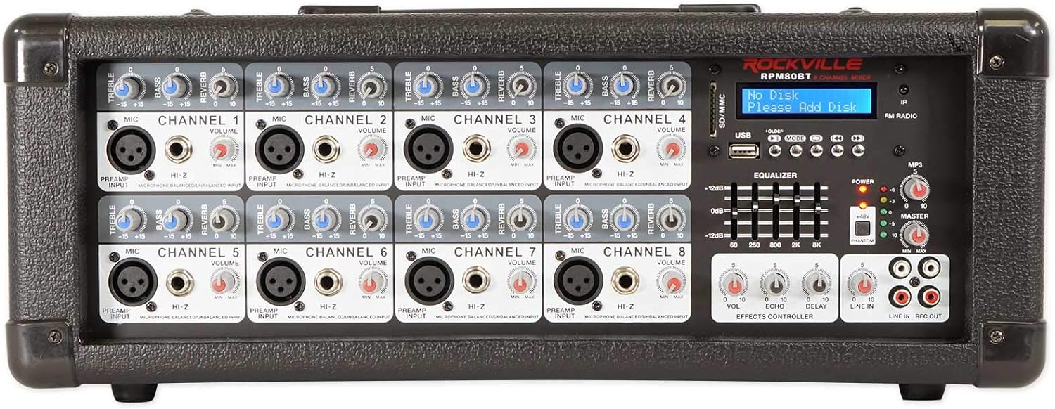 Rockville RPM80BT 2400w Powered 8 Channel Mixer/Amplifier w/Bluetooth/EQ/Effects