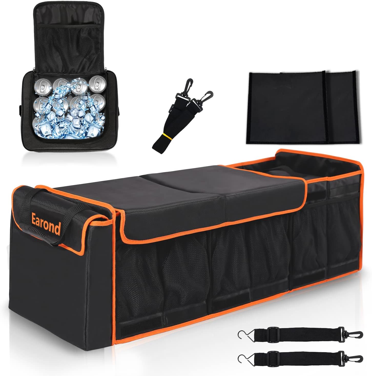 Car Trunk Organizer with Portable Leakproof Cooler Bag,Foldable Cover,Adjustable Securing Straps,Collapsible Trunk Organizer for Car,SUV,Truck and Other Vehicles(4-in-1 with Cooler)