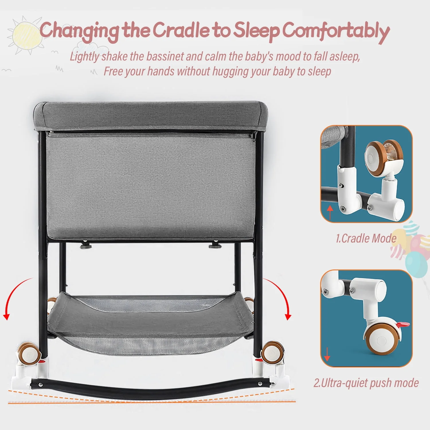 Yadala Bassinet, 4 in 1 Portable Rocking Bedside Bassinet for Baby Newborn with Mattress & Diaper Pad, Grey