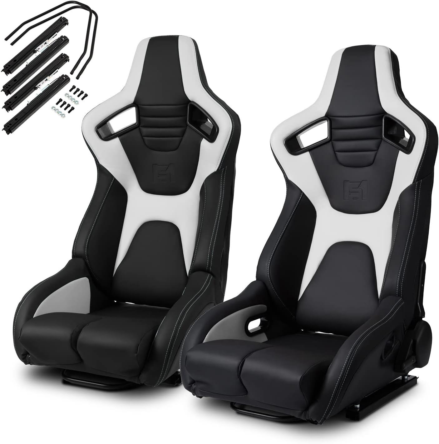 ModifyStreet Universal Black+Blue PVC Carbon Fiber Leather Reclinable Racing Seats Pair - Venom Series