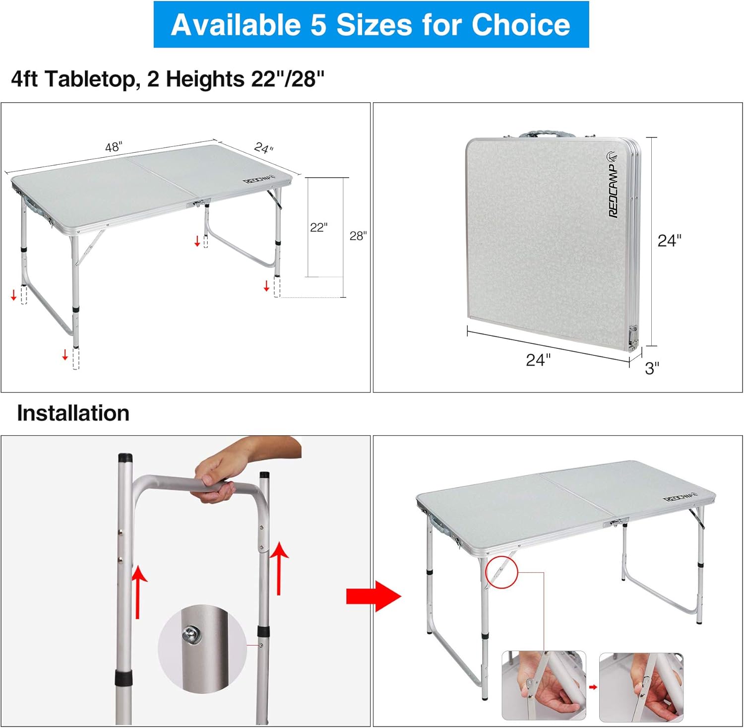 REDCAMP Folding Camping Table, 4ft Portable Aluminum Outdoor Folding Table Camp Table Adjustable Height Lightweight for Picnic Cooking Beach