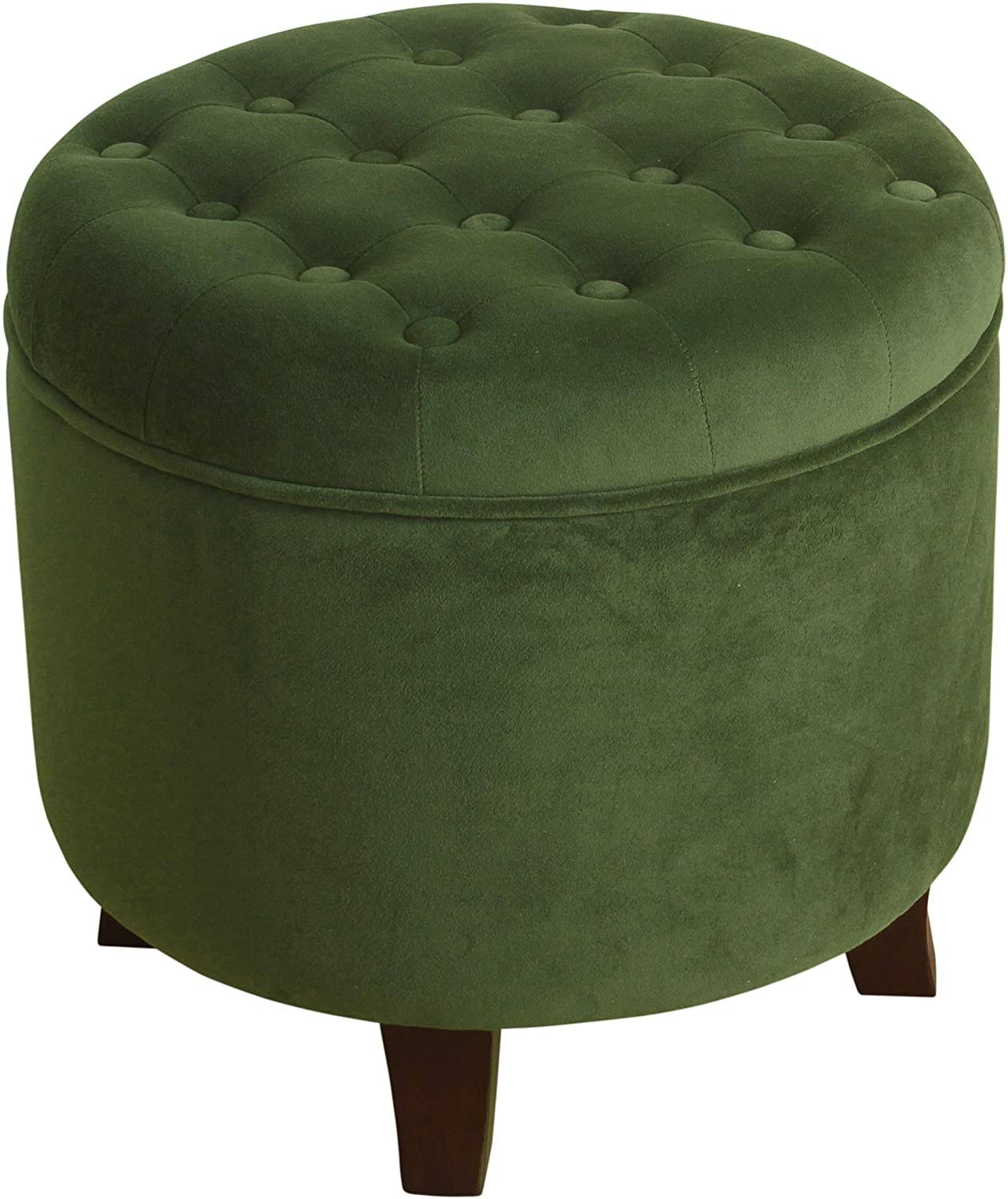 Velvet Forest Green Round Storage Ottoman Solid Casual Glam Transitional Foam Wood Walnut Finish Tufted
