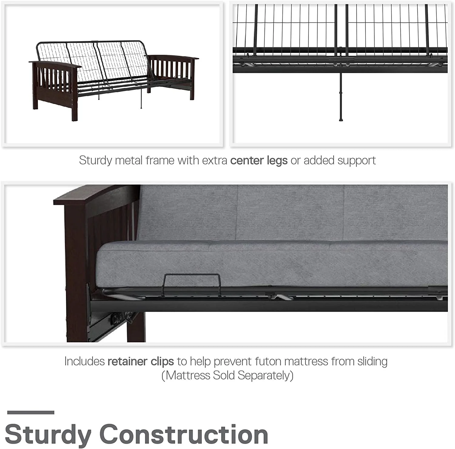 Elbi Full Size Wood Arm And Black Metal Futon Frame, Natural